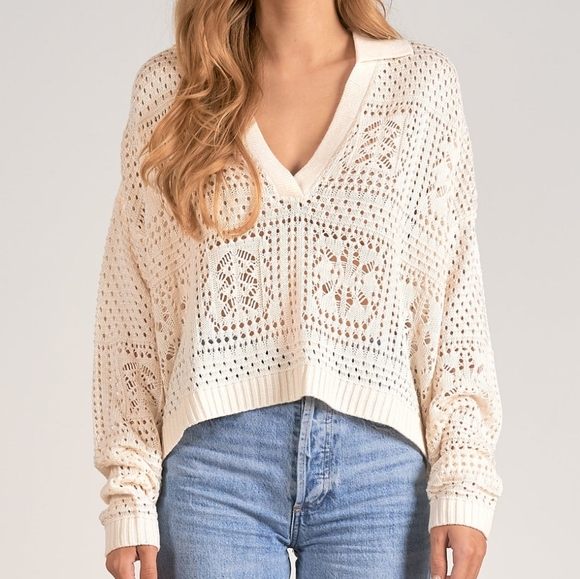 Elan Sweaters - Elan Knit Open Collar Polo Sweater in Off White Size S